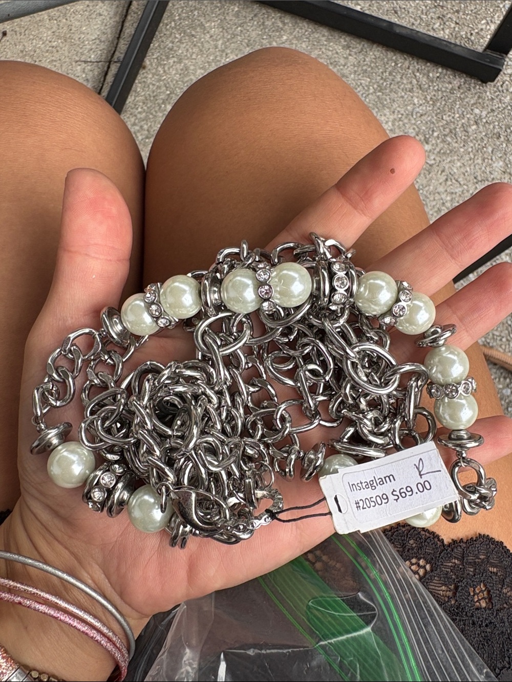 1-Unbranded Layered Chain Pearl Necklace Women OS Silver Excellent Rhinestone Y2